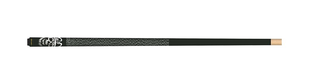 Opvallende Stinger 2-delige poolkeu met doodshoofd decoratie. De Stinger Skulls 2 poolkeu is gemaakt van zwart geverfd hardhout en is voorzien van een zwart met witte nylon grip. De 12 mm screw on pomerans is makkelijk te vervangen.